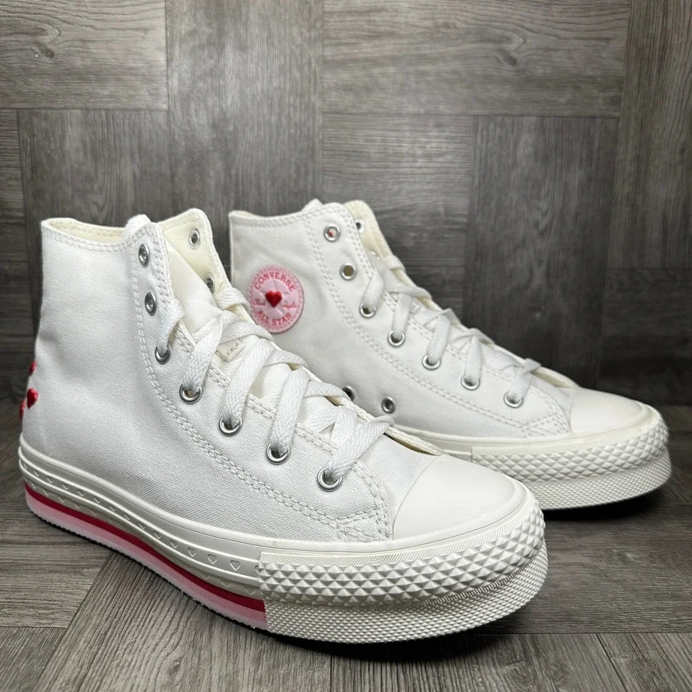 Converse High Top Sneakers Kids 3 White Heart Platform Canvas NEW A10716C